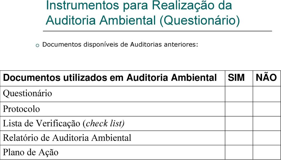 NÃO Questionário Protocolo Lista de Verificação