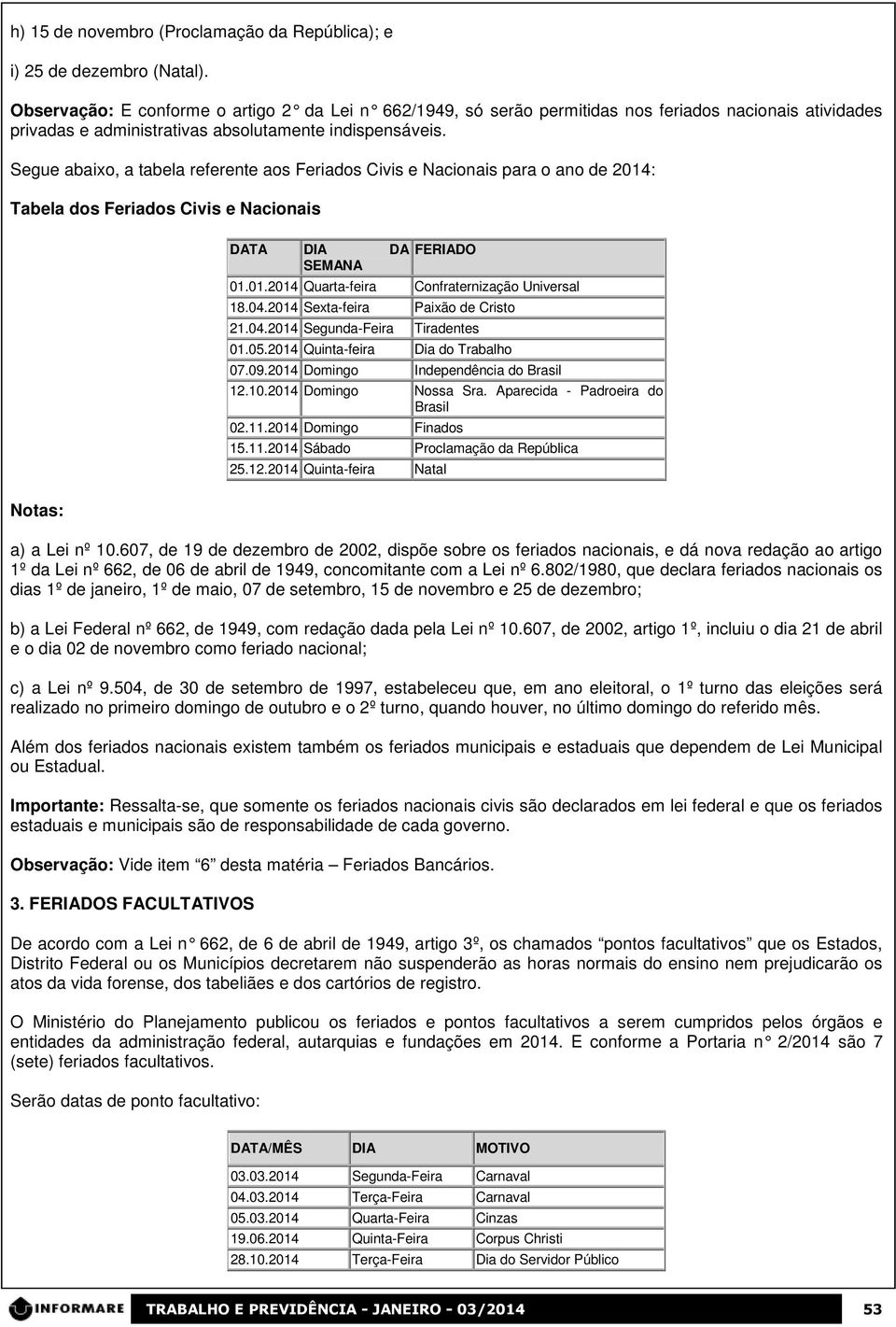 Segue abaixo, a tabela referente aos Feriados Civis e Nacionais para o ano de 2014: Tabela dos Feriados Civis e Nacionais DATA DIA DA SEMANA FERIADO 01.01.2014 Quarta-feira Confraternização Universal 18.