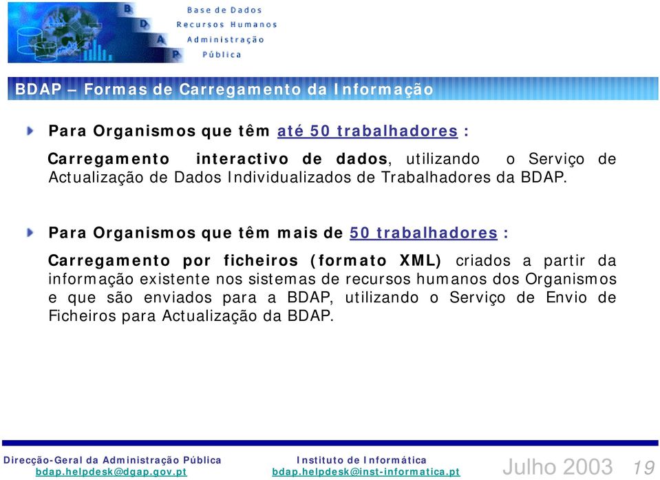 Para Organismos que têm mais de 50 trabalhadores : Carregamento por ficheiros (formato XML) criados a partir da informação