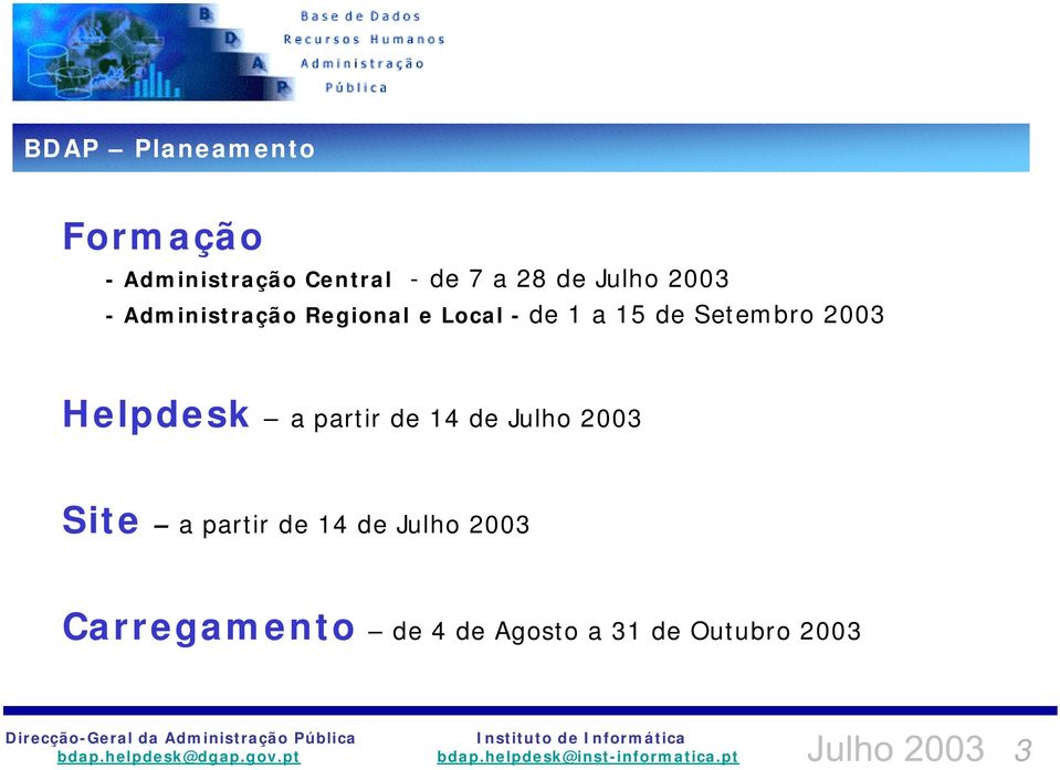 Setembro 2003 Helpdesk a partir de 14 de Julho 2003 Site a