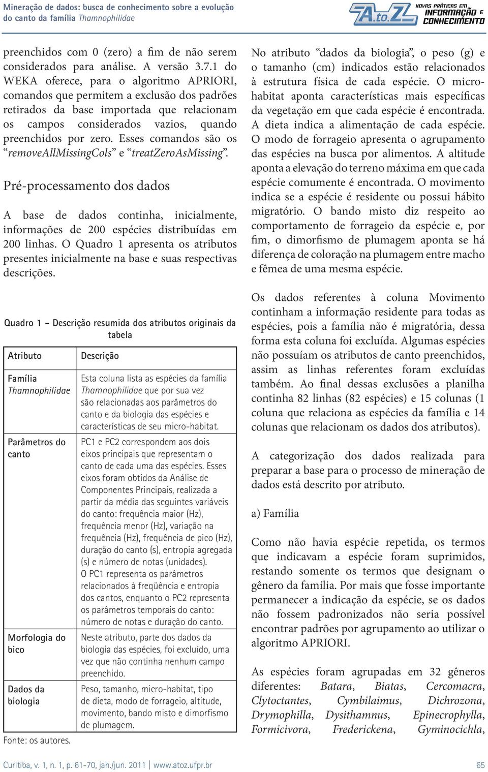 Esses comandos são os removeallmissingcols e treatzeroasmissing. Pré-processamento dos dados A base de dados continha, inicialmente, informações de 200 espécies distribuídas em 200 linhas.