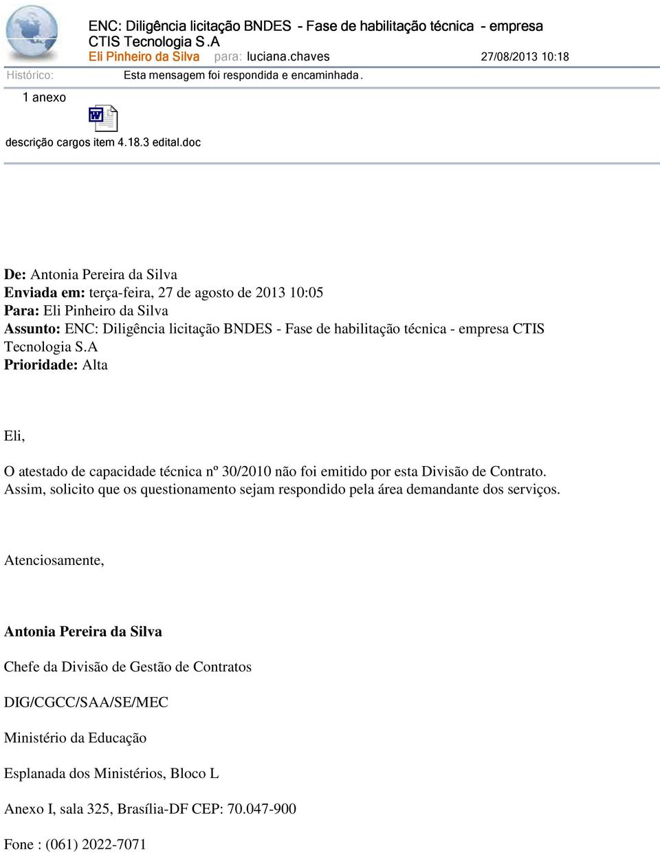 doc De: Antonia Pereira da Silva Enviada em: terça-feira, 27 de agosto de 2013 10:05 Para: Eli Pinheiro da Silva Assunto: ENC: Diligência licitação BNDES - Fase de habilitação técnica - empresa CTIS