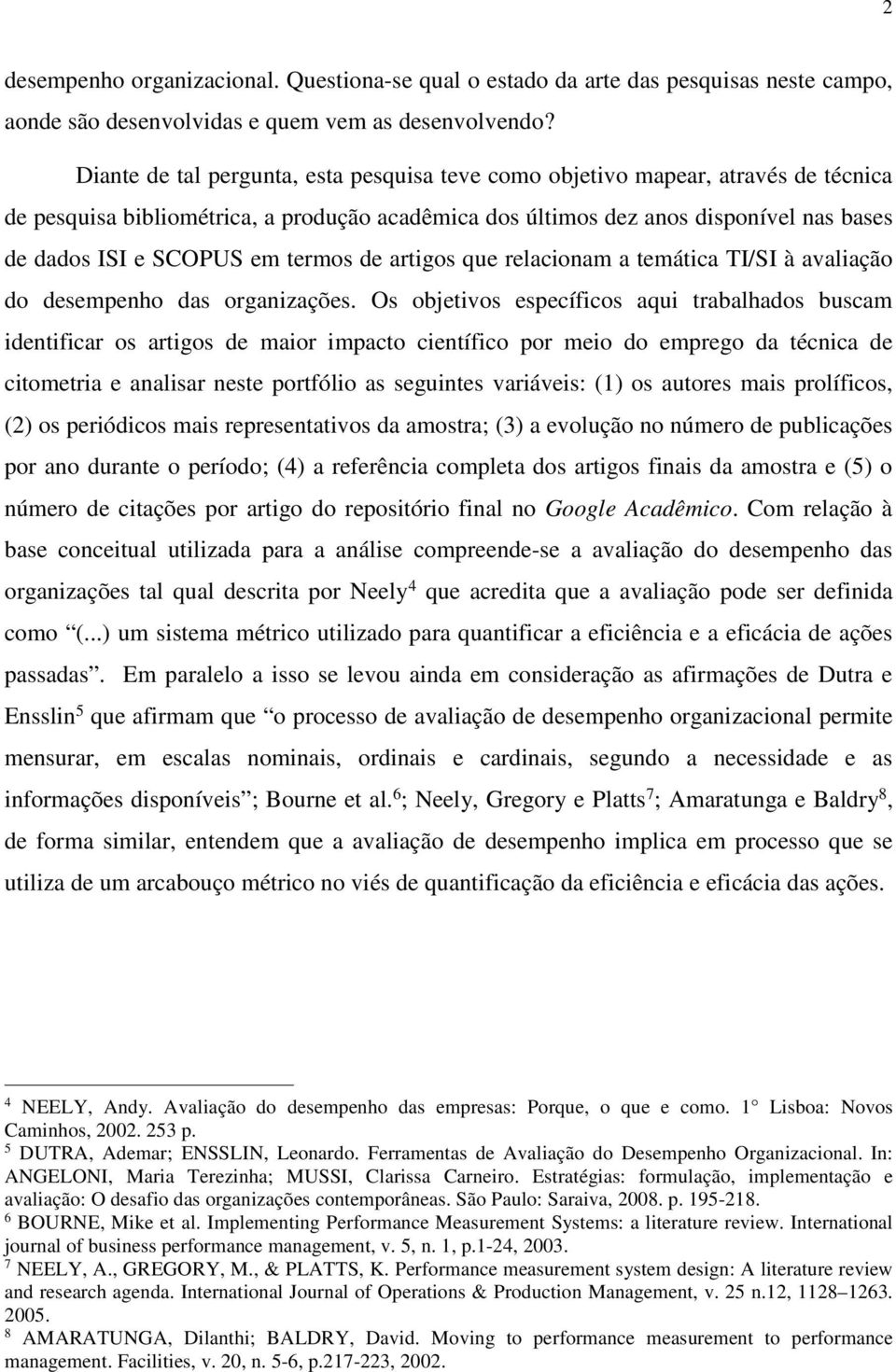 termos de artigos que relacionam a temática TI/SI à avaliação do desempenho das organizações.