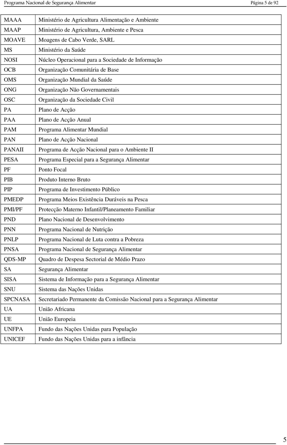 Informação Organização Comunitária de Base Organização Mundial da Saúde Organização Não Governamentais Organização da Sociedade Civil Plano de Acção Plano de Acção Anual Programa Alimentar Mundial