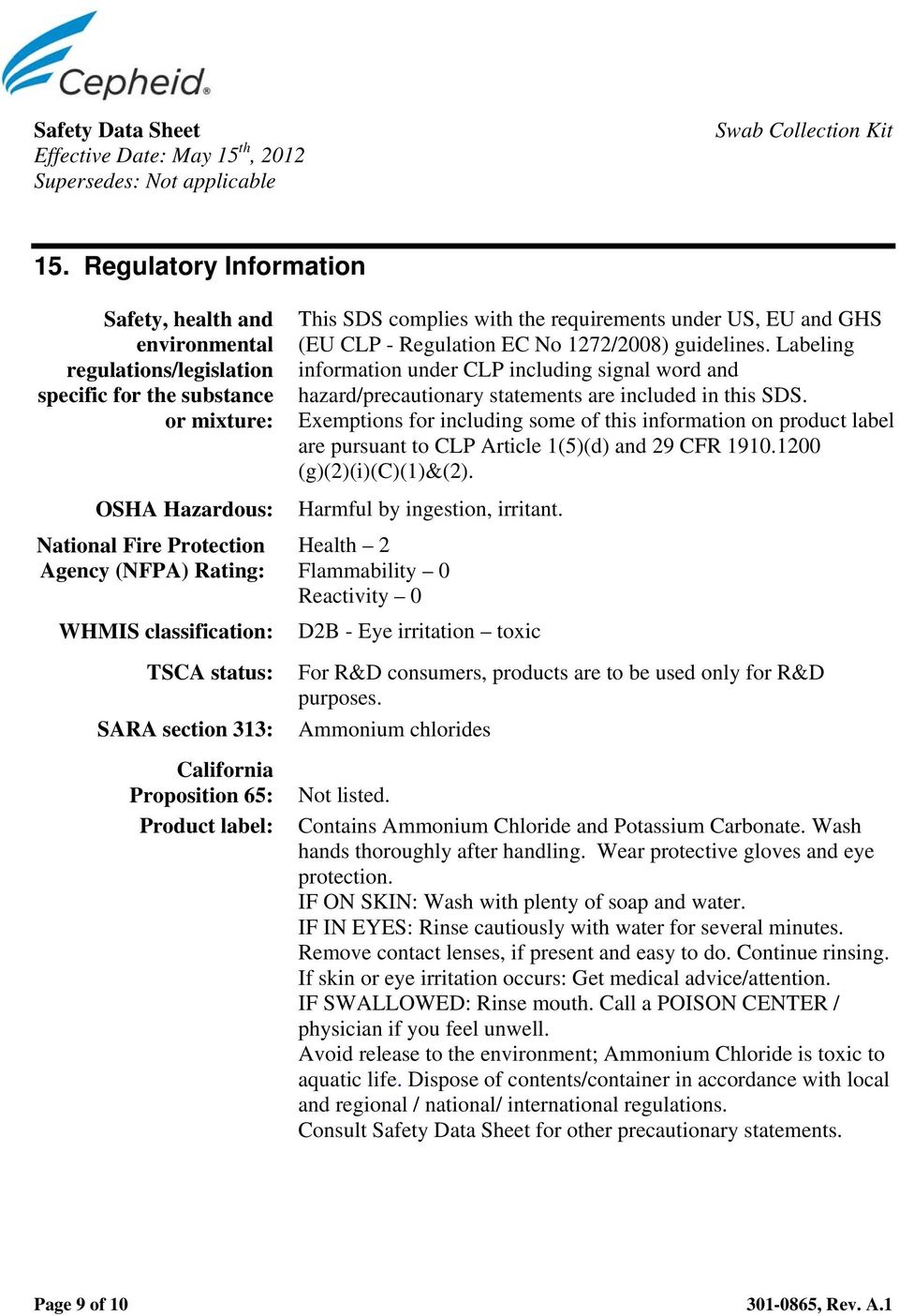 classification: TSCA status: SARA section 313: California Proposition 65: Product label: This SDS complies with the requirements under US, EU and GHS (EU CLP - Regulation EC No 1272/2008) guidelines.