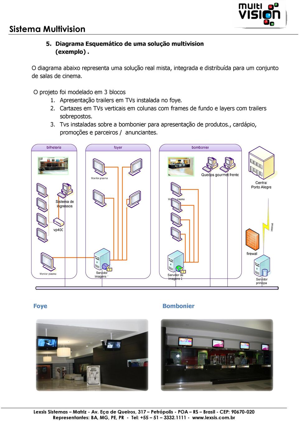 O projeto foi modelado em 3 blocos 1. Apresentação trailers em TVs instalada no foye. 2.