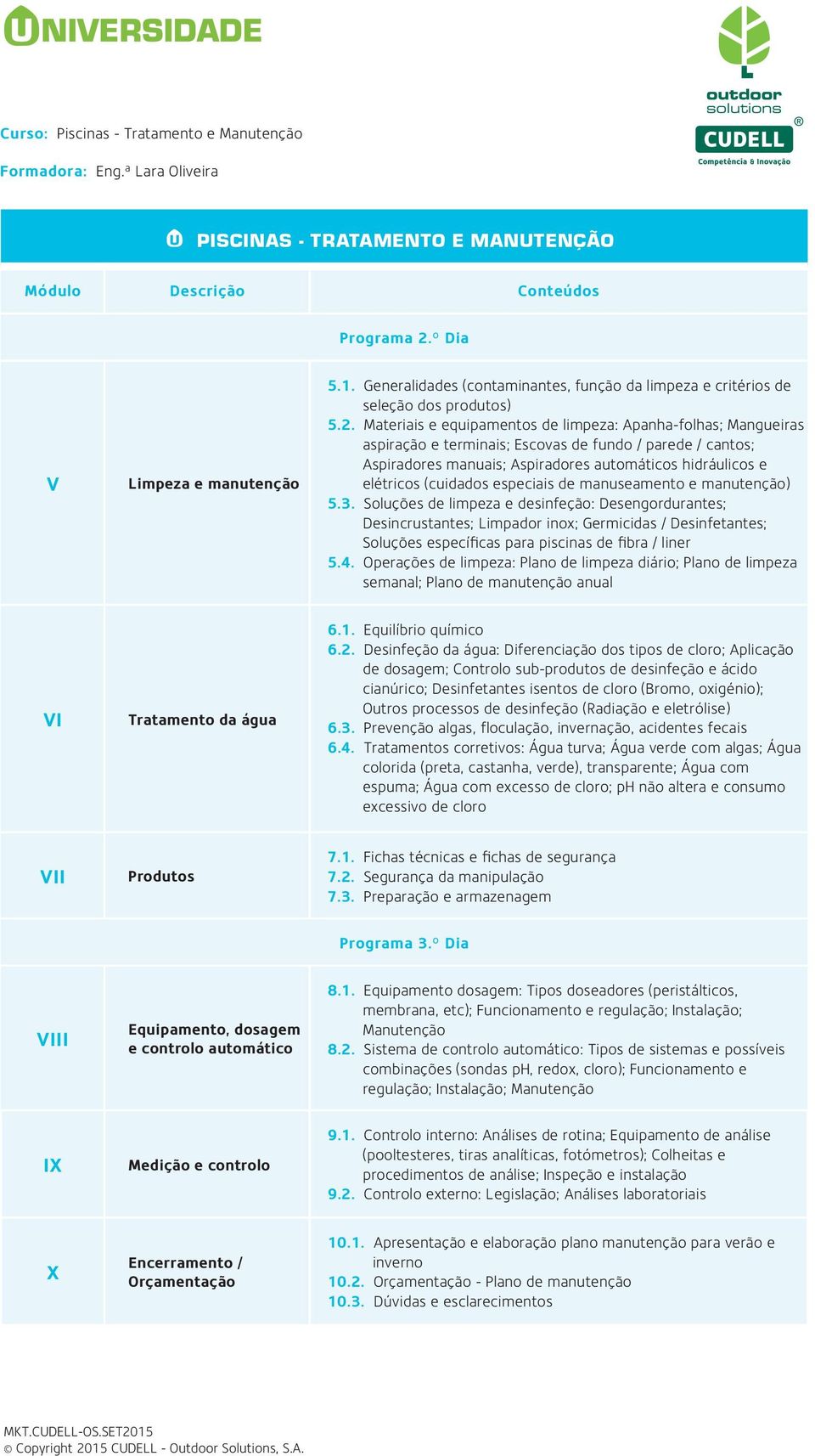 Materiais e equipamentos de limpeza: Apanha-folhas; Mangueiras aspiração e terminais; Escovas de fundo / parede / cantos; Aspiradores manuais; Aspiradores automáticos hidráulicos e elétricos