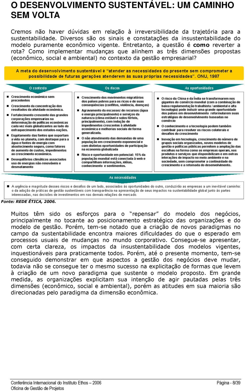 Como implementar mudanças que alinhem as três dimensões propostas (econômico, social e ambiental) no contexto da gestão empresarial? Fonte: REDE ÉTICA, 2006.