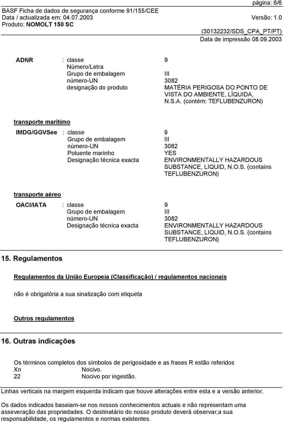 Regulamentos Regulamentos da União Europeia (Classificação) / regulamentos nacionais não é obrigatória a sua sinalização com etiqueta Outros regulamentos 16.