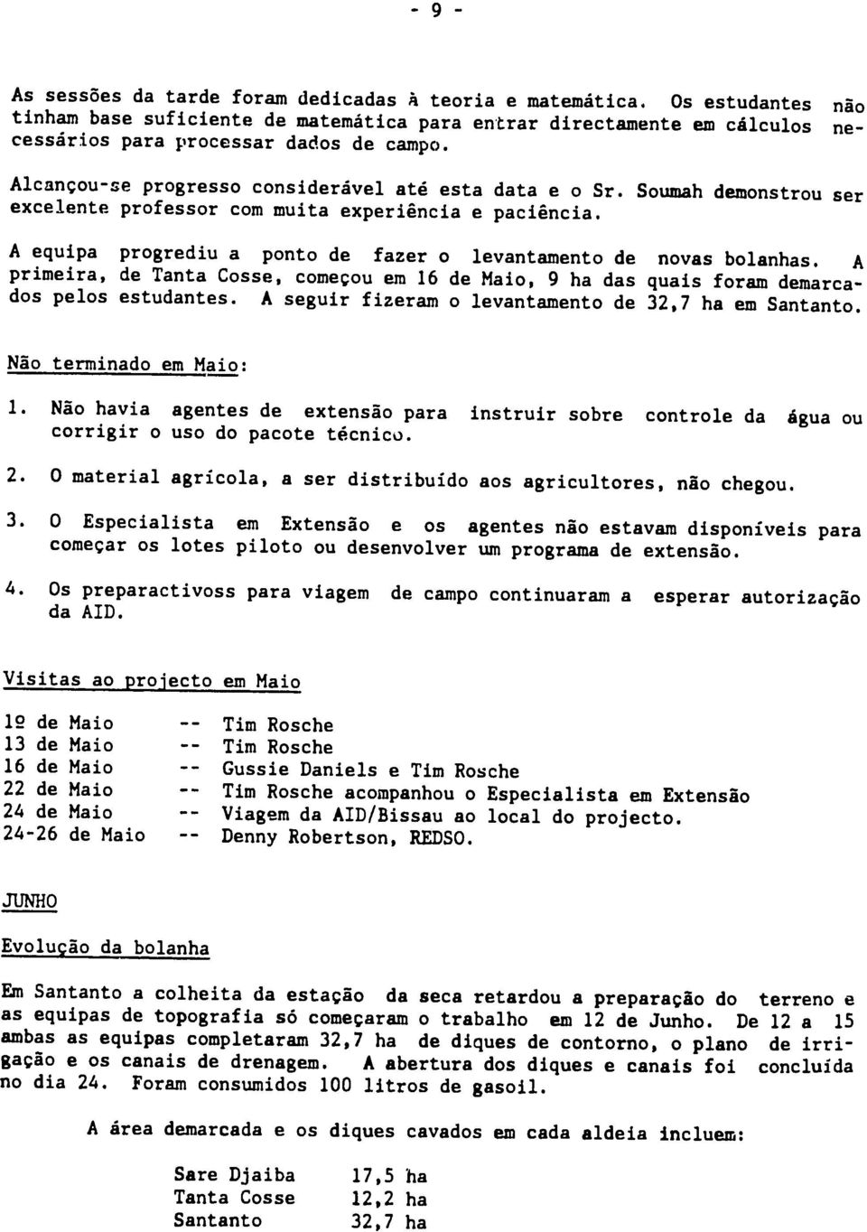 A equipa progrediu a ponto de fazer o levantamento de novas bolanhas. A primeira, de Tanta Cosse, comegou em 16 de Maio, 9 ha das quais foram demarcados pelos estudantes.