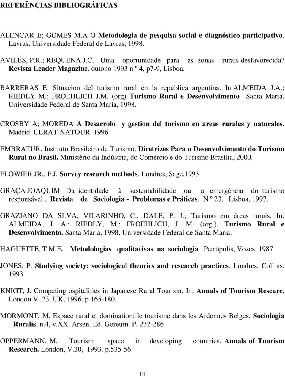 Universidade Federal de Santa Maria, 1998. CROSBY A; MOREDA A Desarrolo y gestion del turismo en areas rurales y naturales. Madrid. CERAT-NATOUR. 1996 EMBRATUR. Instituto Brasileiro de Turismo.