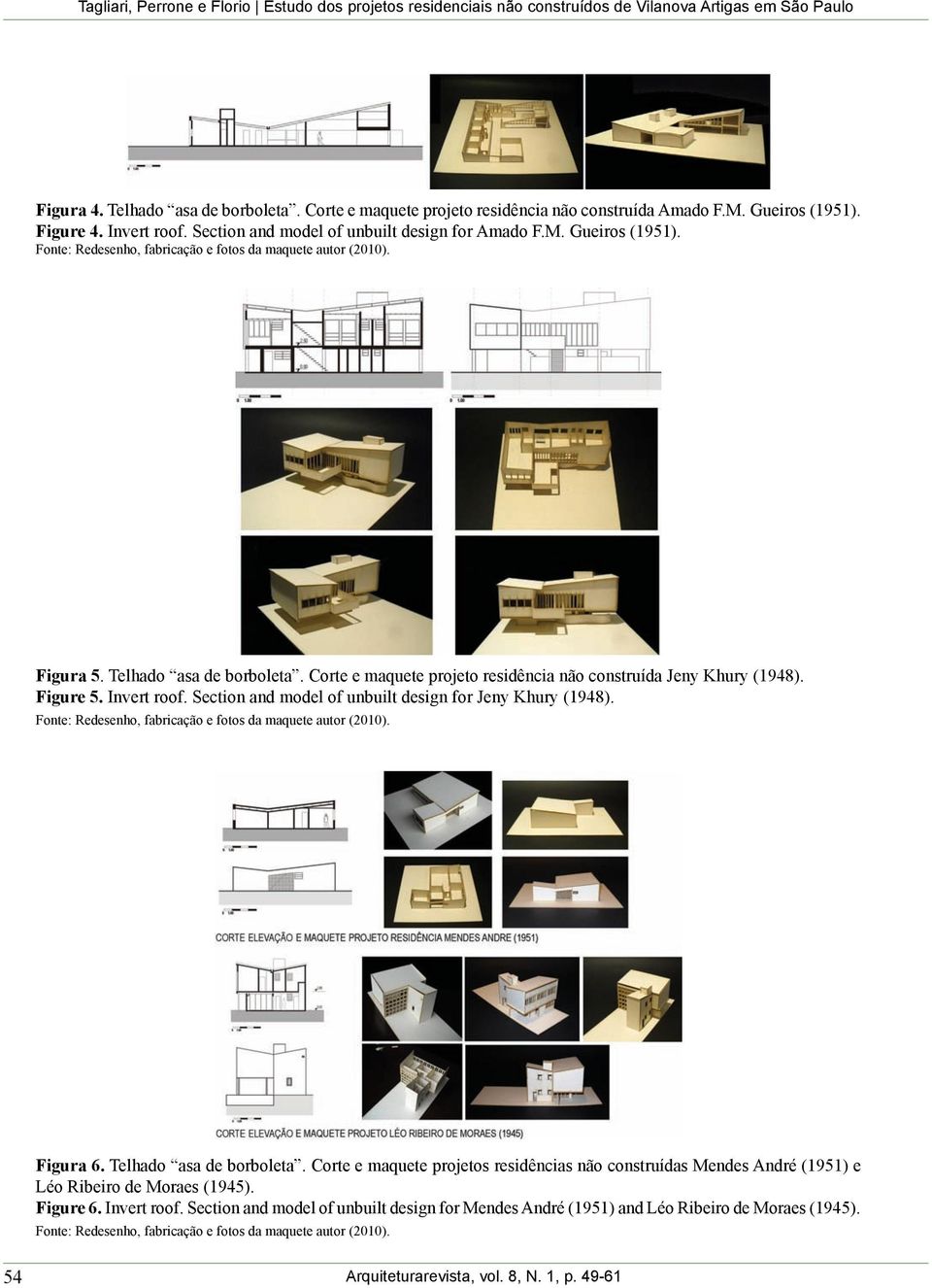 Figure 5. Invert roof. Section and model of unbuilt design for Jeny Khury (1948). Figura 6. Telhado asa de borboleta.