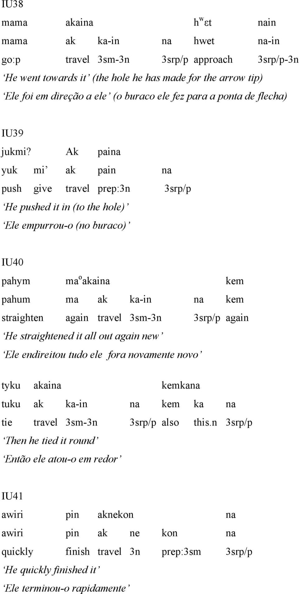 Ak paina yuk mi ak pain na push give travel prep:3n 3srp/p He pushed it in (to the hole) Ele empurrou-o (no buraco) IU40 pahym ma o akaina kem pahum ma ak ka-in na kem straighten again travel 3sm-3n