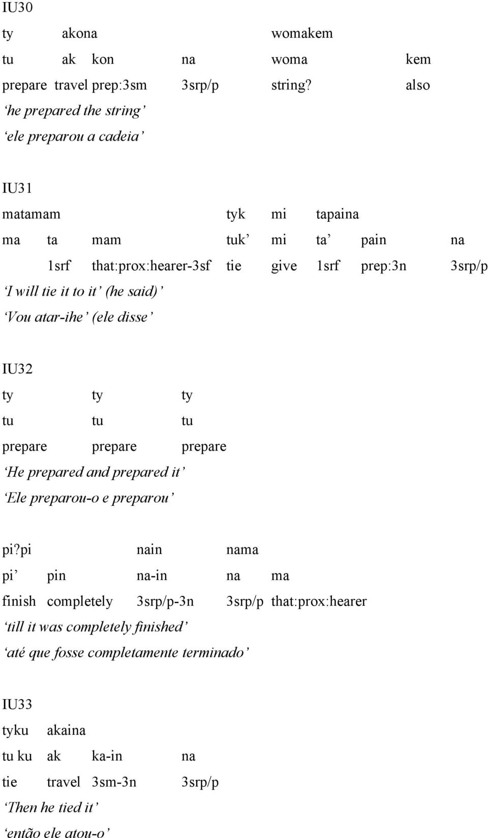 I will tie it to it (he said) Vou atar-ihe (ele disse IU32 ty ty ty tu tu tu prepare prepare prepare He prepared and prepared it Ele preparou-o e preparou pi?