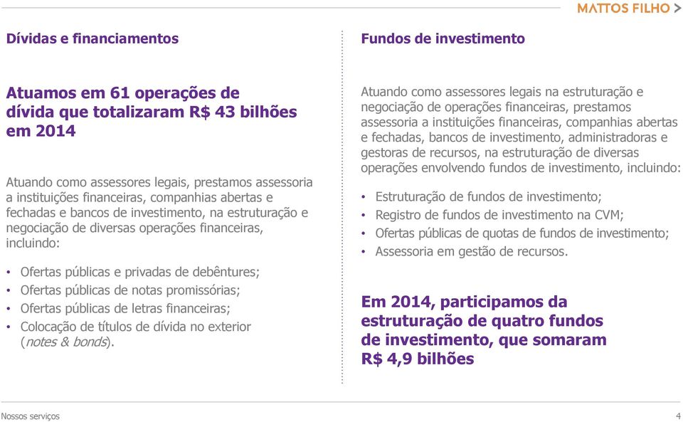 públicas de notas promissórias; Ofertas públicas de letras financeiras; Colocação de títulos de dívida no exterior (notes & bonds).