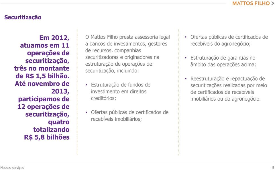 companhias securitizadoras e originadores na estruturação de operações de securitização, incluindo: Estruturação de fundos de investimento em direitos creditórios; Ofertas públicas de