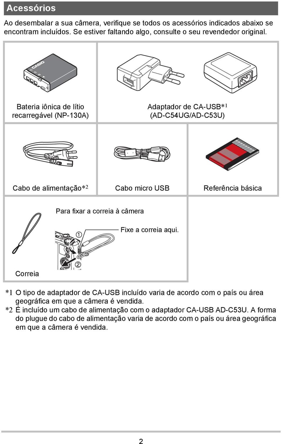 Bateria iônica de lítio recarregável (NP-130A) Adaptador de CA-USB* 1 (AD-C54UG/AD-C53U) Cabo de alimentação* 2 Cabo micro USB Referência básica Para fixar a correia à