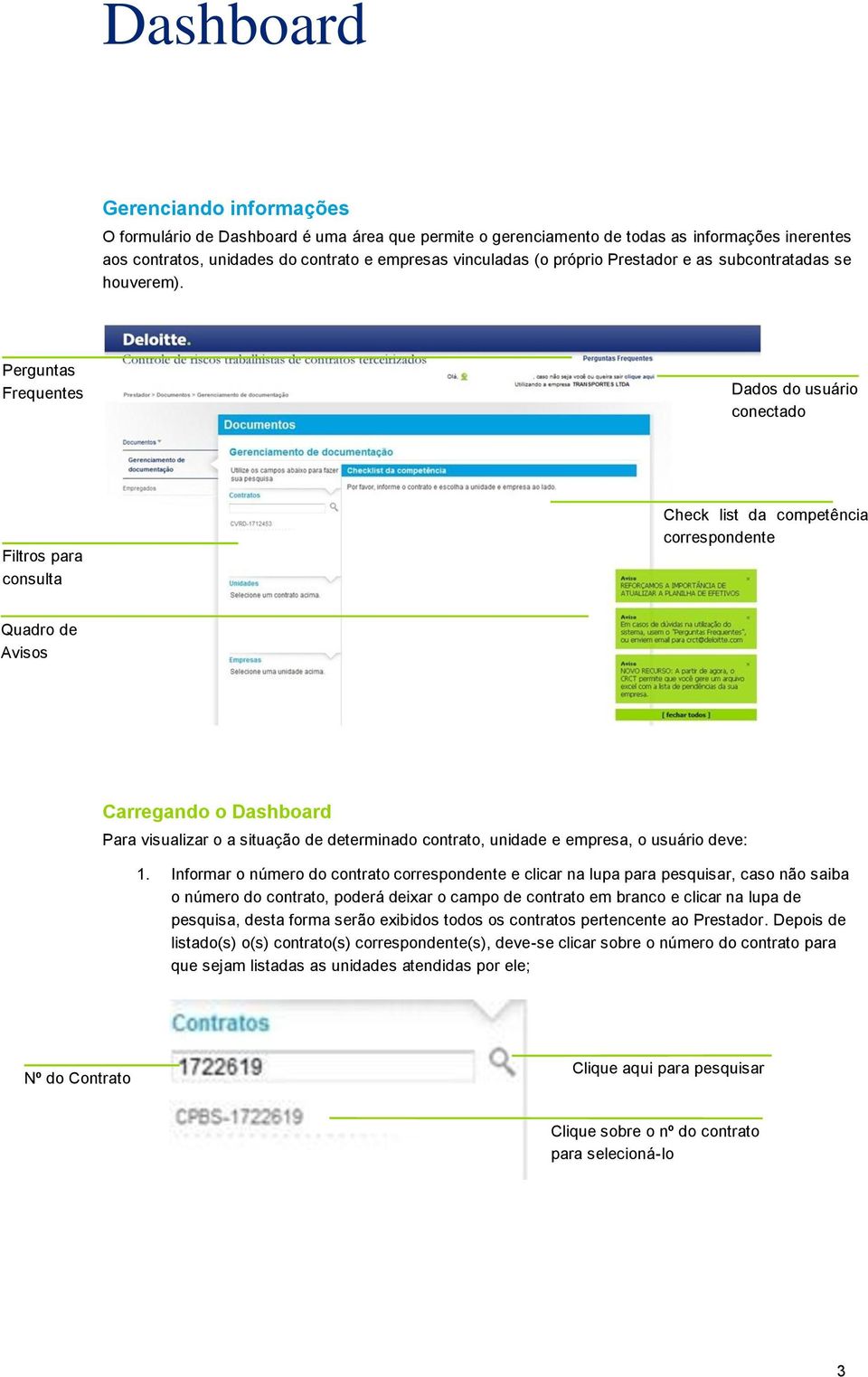 Perguntas Frequentes Dados do usuário conectado Filtros para consulta Check list da competência correspondente Quadro de Avisos Carregando o Dashboard Para visualizar o a situação de determinado