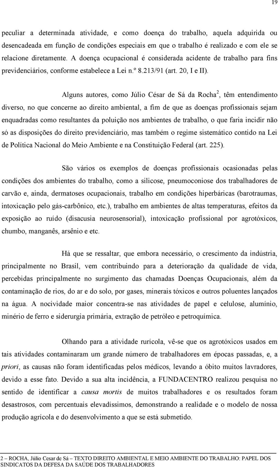 Alguns autores, como Júlio César de Sá da Rocha 2, têm entendimento diverso, no que concerne ao direito ambiental, a fim de que as doenças profissionais sejam enquadradas como resultantes da poluição