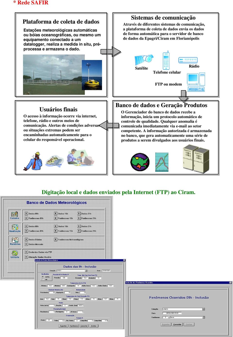 Sistemas de comunicação Através de diferentes sistemas de comunicação, a plataforma de coleta de dados envia os dados de forma automática para o servidor de banco de dados da Epagri/Ciram em