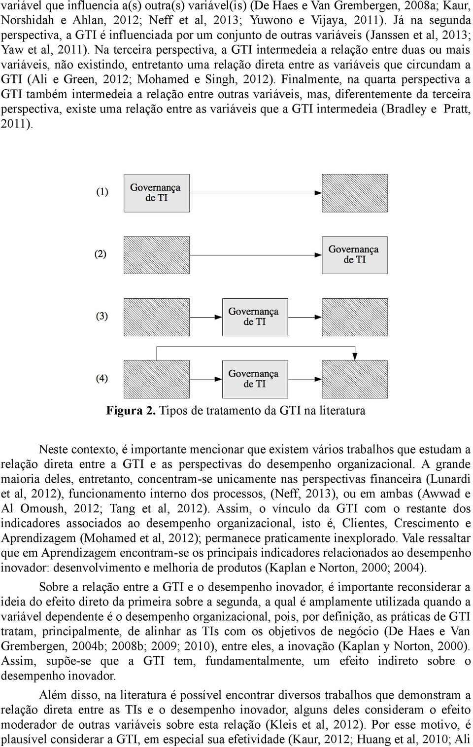 Na terceira perspectiva, a GTI intermedeia a relação entre duas ou mais variáveis, não existindo, entretanto uma relação direta entre as variáveis que circundam a GTI (Ali e Green, 2012; Mohamed e