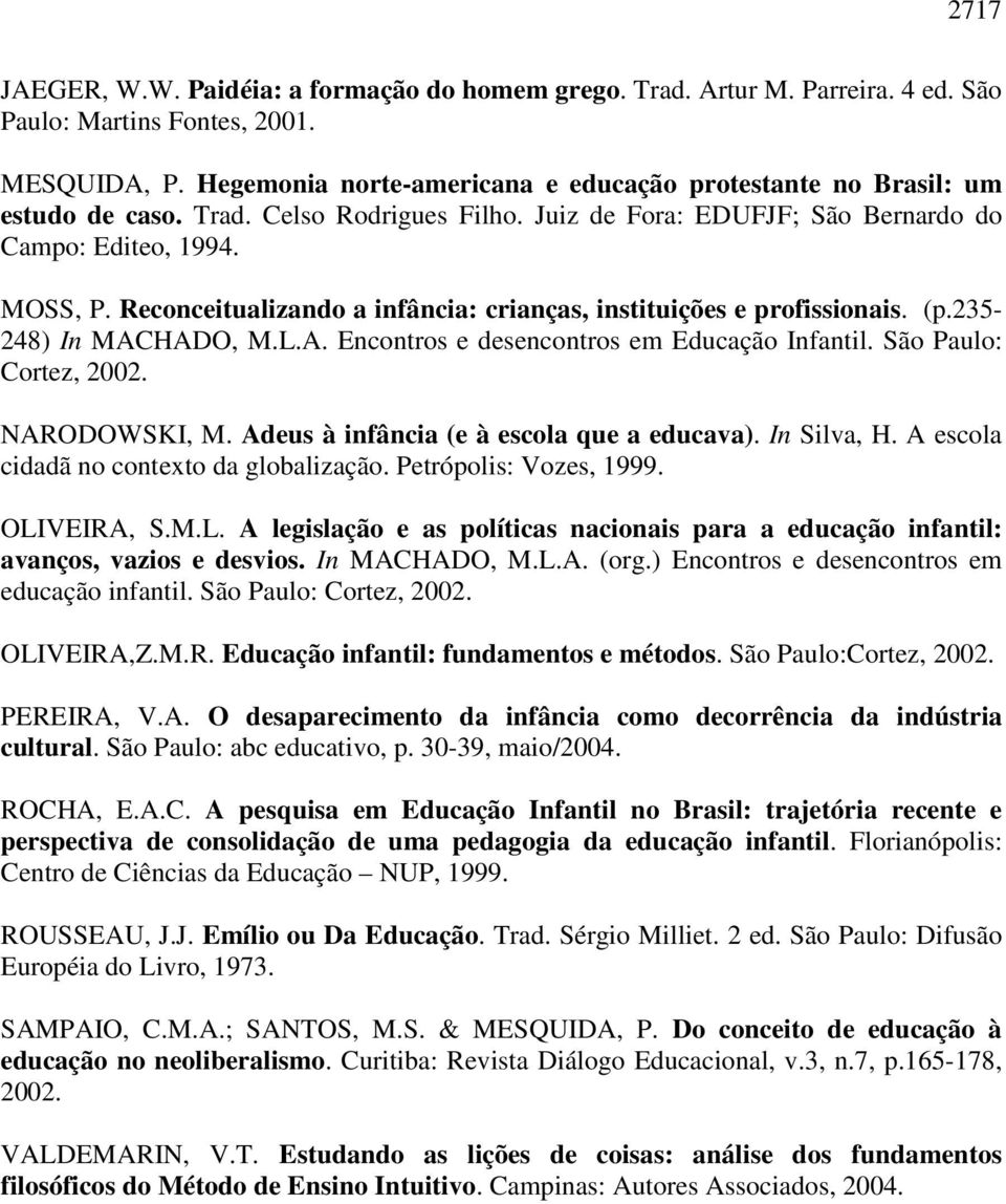 Reconceitualizando a infância: crianças, instituições e profissionais. (p.235-248) In MACHADO, M.L.A. Encontros e desencontros em Educação Infantil. São Paulo: Cortez, 2002. NARODOWSKI, M.