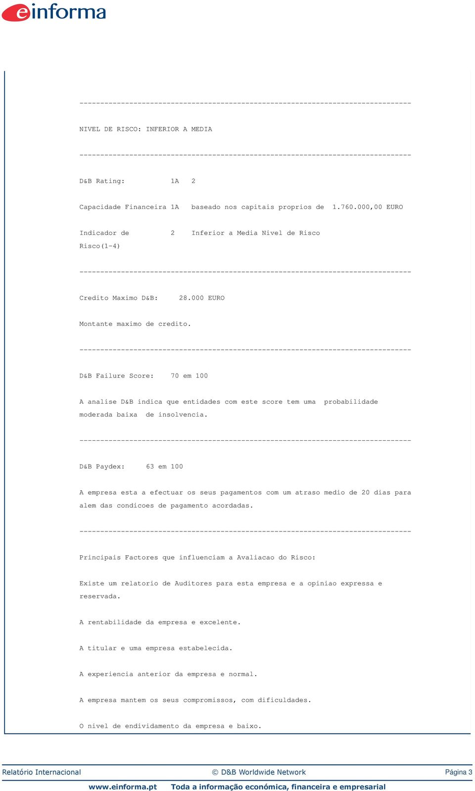 D&B Failure Score: 70 em 100 A analise D&B indica que entidades com este score tem uma probabilidade moderada baixa de insolvencia.