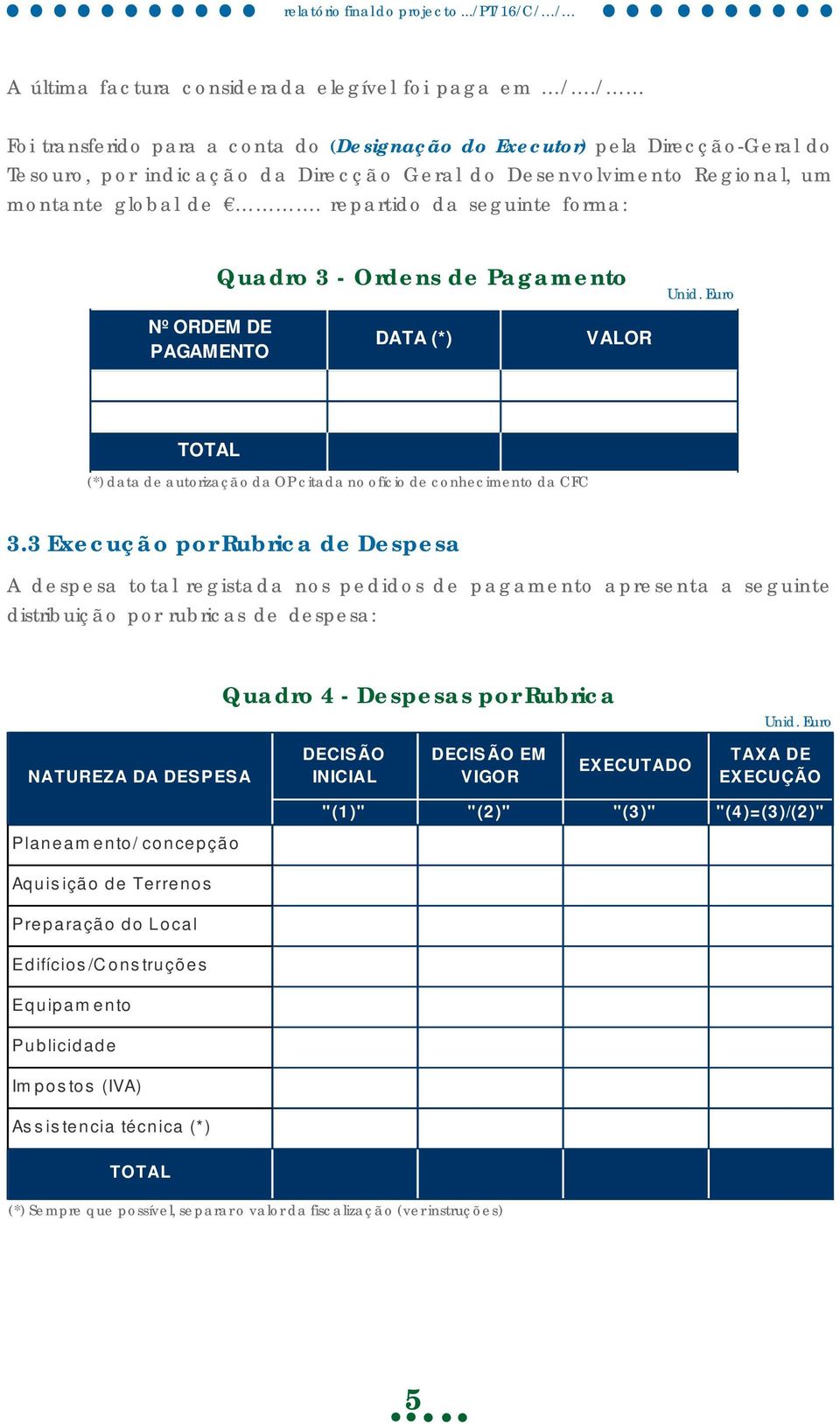 repartido da seguinte forma: Quadro 3 - Ordens de Pagamento Unid. Euro Nº ORDEM DE PAGAMENTO DATA (*) VALOR TOTAL (*) data de autorização da OP citada no ofício de conhecimento da CFC 3.