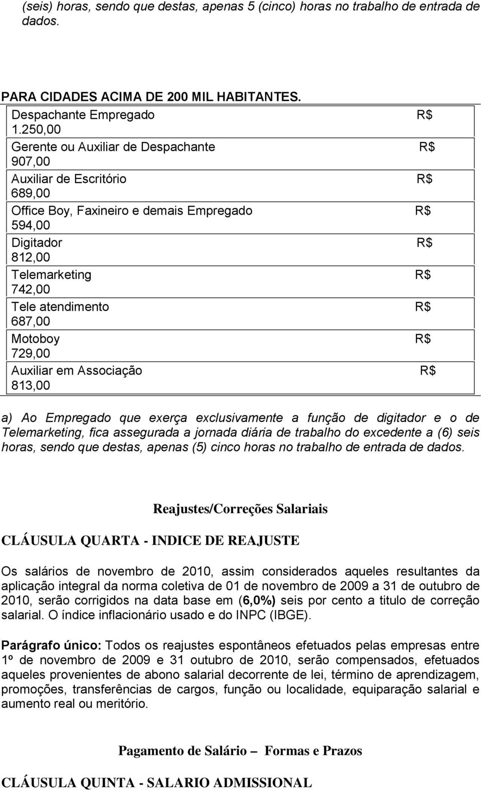 687,00 Motoboy R$ 729,00 Auxiliar em Associação R$ 813,00 a) Ao Empregado que exerça exclusivamente a função de digitador e o de Telemarketing, fica assegurada a jornada diária de trabalho do