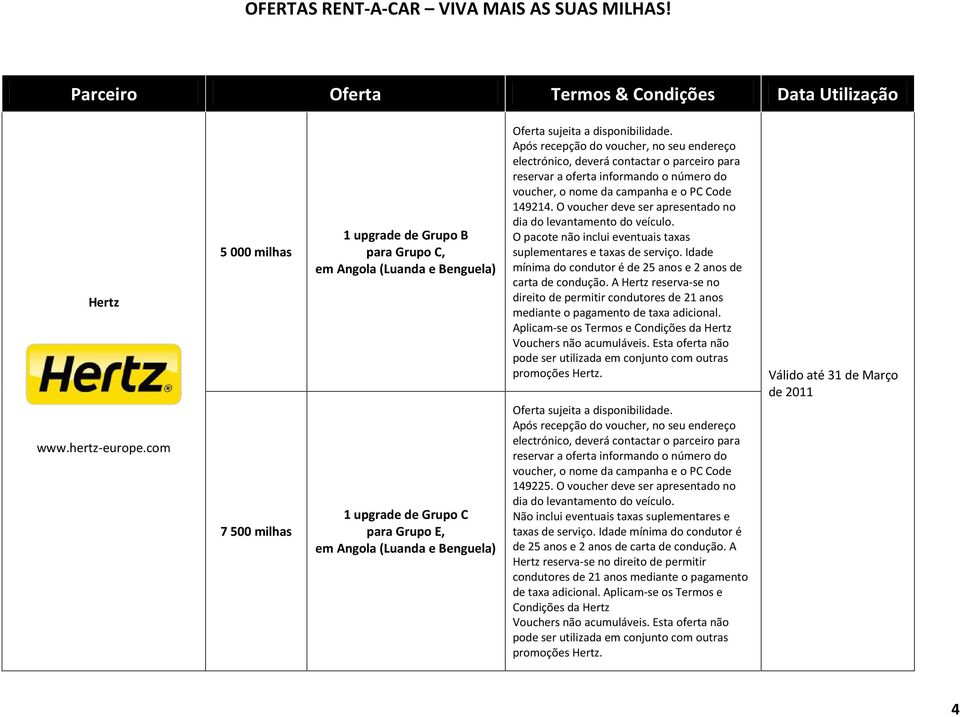 Idade mínima do condutor é de 25 anos e 2 anos de carta de condução. A reserva-se no direito de permitir condutores de 21 anos mediante o pagamento de taxa adicional.