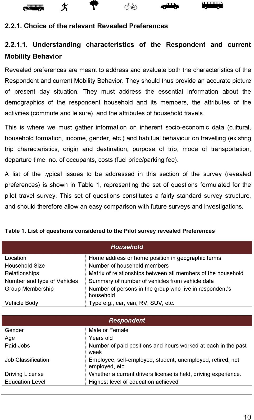 Understanding characteristics of the Respondent and current Mobility Behavior Revealed preferences are meant to address and evaluate both the characteristics of the Respondent and current Mobility