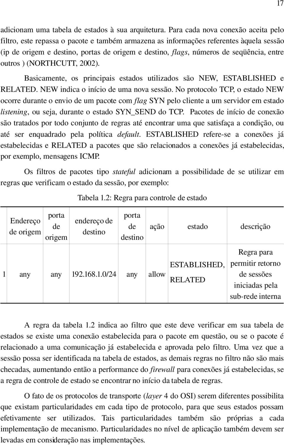 outros ) (NORTHCUTT, 2002). Basicamente, os principais estados utilizados são NEW, ESTABLISHED e RELATED. NEW indica o início de uma nova sessão.