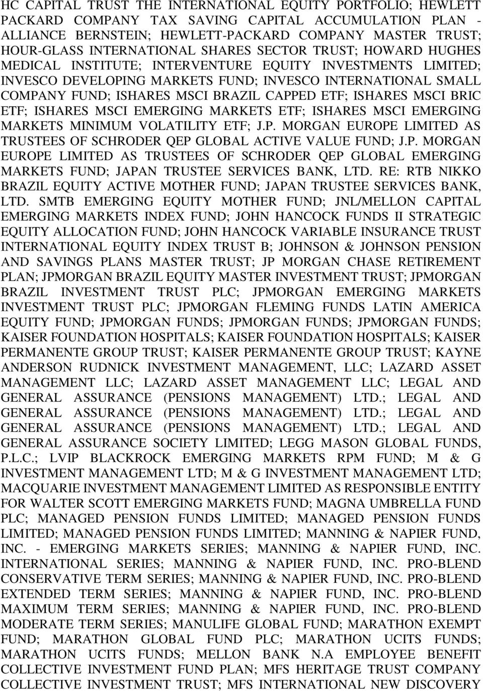 ETF; ISHARES MSCI BRIC ETF; ISHARES MSCI EMERGING MARKETS ETF; ISHARES MSCI EMERGING MARKETS MINIMUM VOLATILITY ETF; J.P. MORGAN EUROPE LIMITED AS TRUSTEES OF SCHRODER QEP GLOBAL ACTIVE VALUE FUND; J.