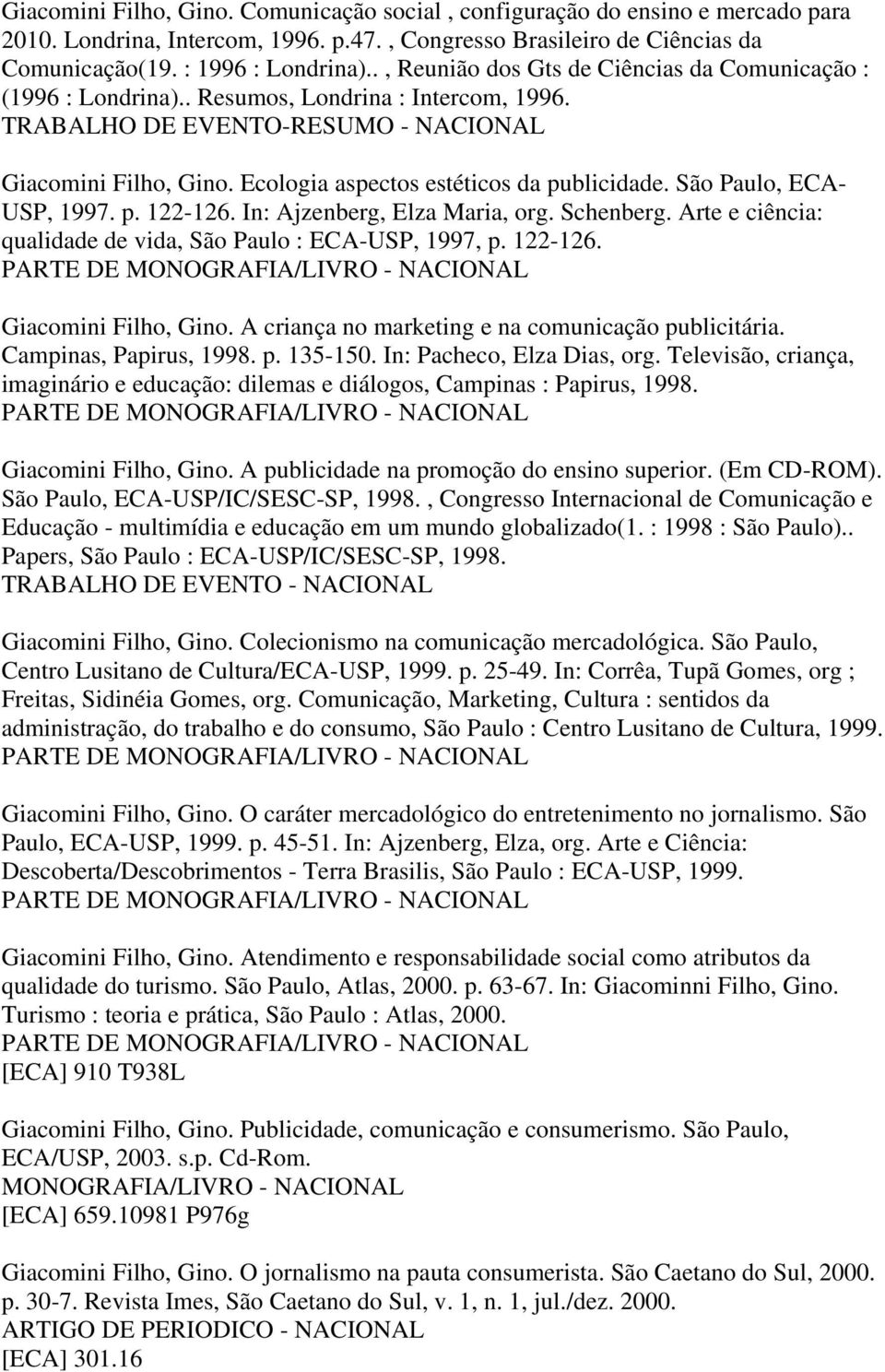 Ecologia aspectos estéticos da publicidade. São Paulo, ECA- USP, 1997. p. 122-126. In: Ajzenberg, Elza Maria, org. Schenberg. Arte e ciência: qualidade de vida, São Paulo : ECA-USP, 1997, p. 122-126. Giacomini Filho, Gino.