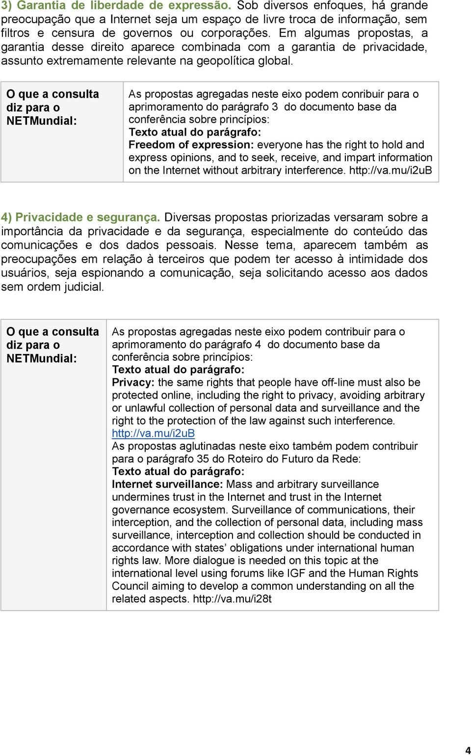 O que a consulta diz para o NETMundial: As propostas agregadas neste eixo podem conribuir para o aprimoramento do parágrafo 3 do documento base da conferência sobre princípios: Texto atual do