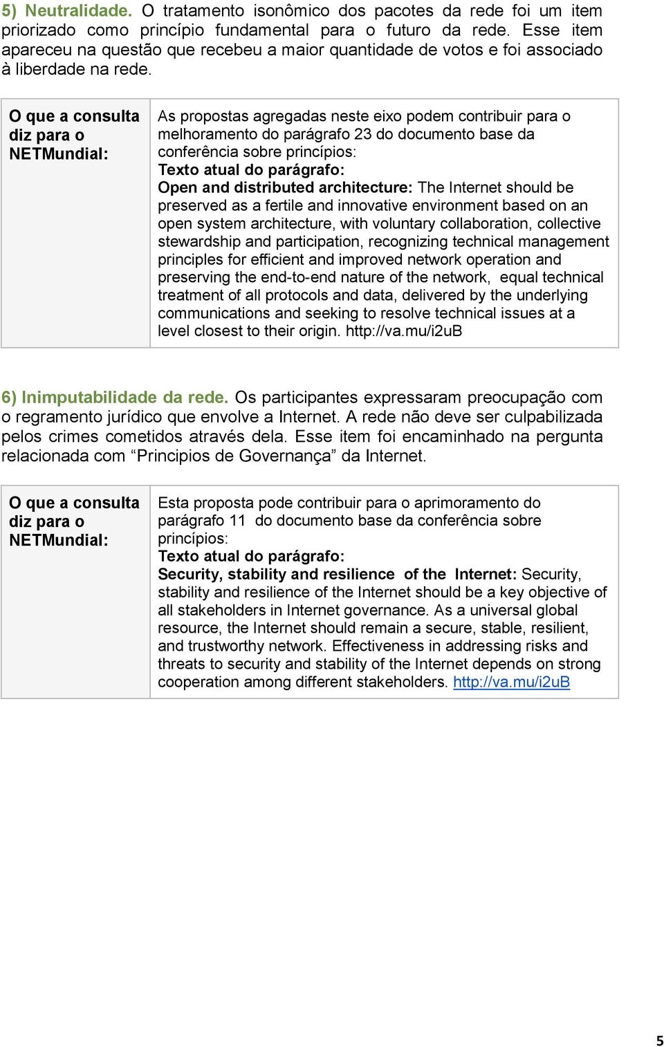 O que a consulta diz para o NETMundial: As propostas agregadas neste eixo podem contribuir para o melhoramento do parágrafo 23 do documento base da conferência sobre princípios: Texto atual do