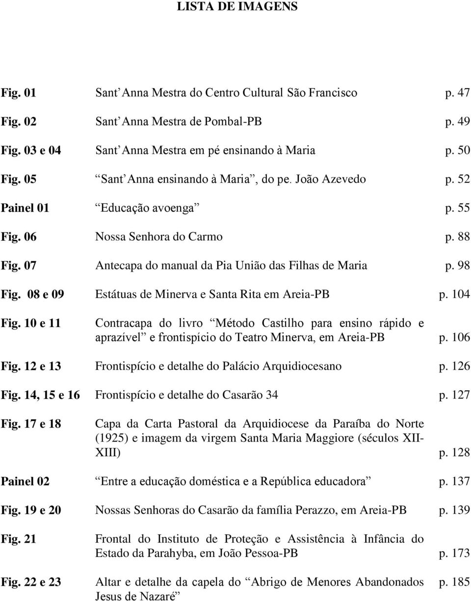 08 e 09 Estátuas de Minerva e Santa Rita em Areia-PB p. 104 Fig. 10 e 11 Contracapa do livro Método Castilho para ensino rápido e aprazìvel e frontispìcio do Teatro Minerva, em Areia-PB p. 106 Fig.