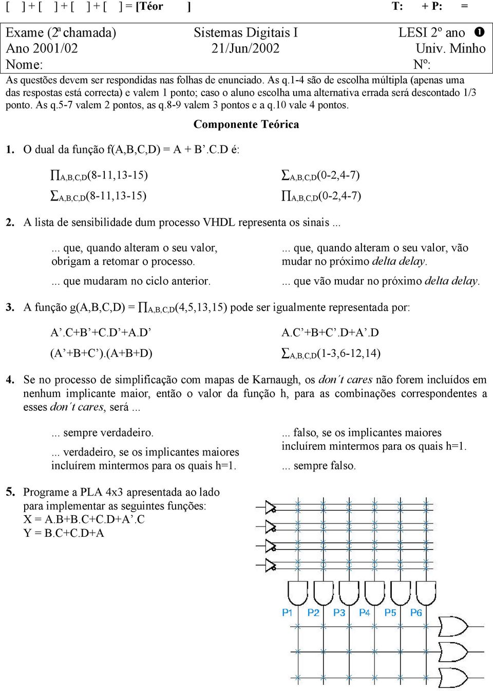 8-9 valem 3 pontos e a q.10 vale 4 pontos. 1. O dual da função f(a,b,c,d) = A + B.C.D é: Componente Teórica A,B,C,D (8-11,13-15) A,B,C,D (0-2,4-7) A,B,C,D (8-11,13-15) A,B,C,D (0-2,4-7) 2.