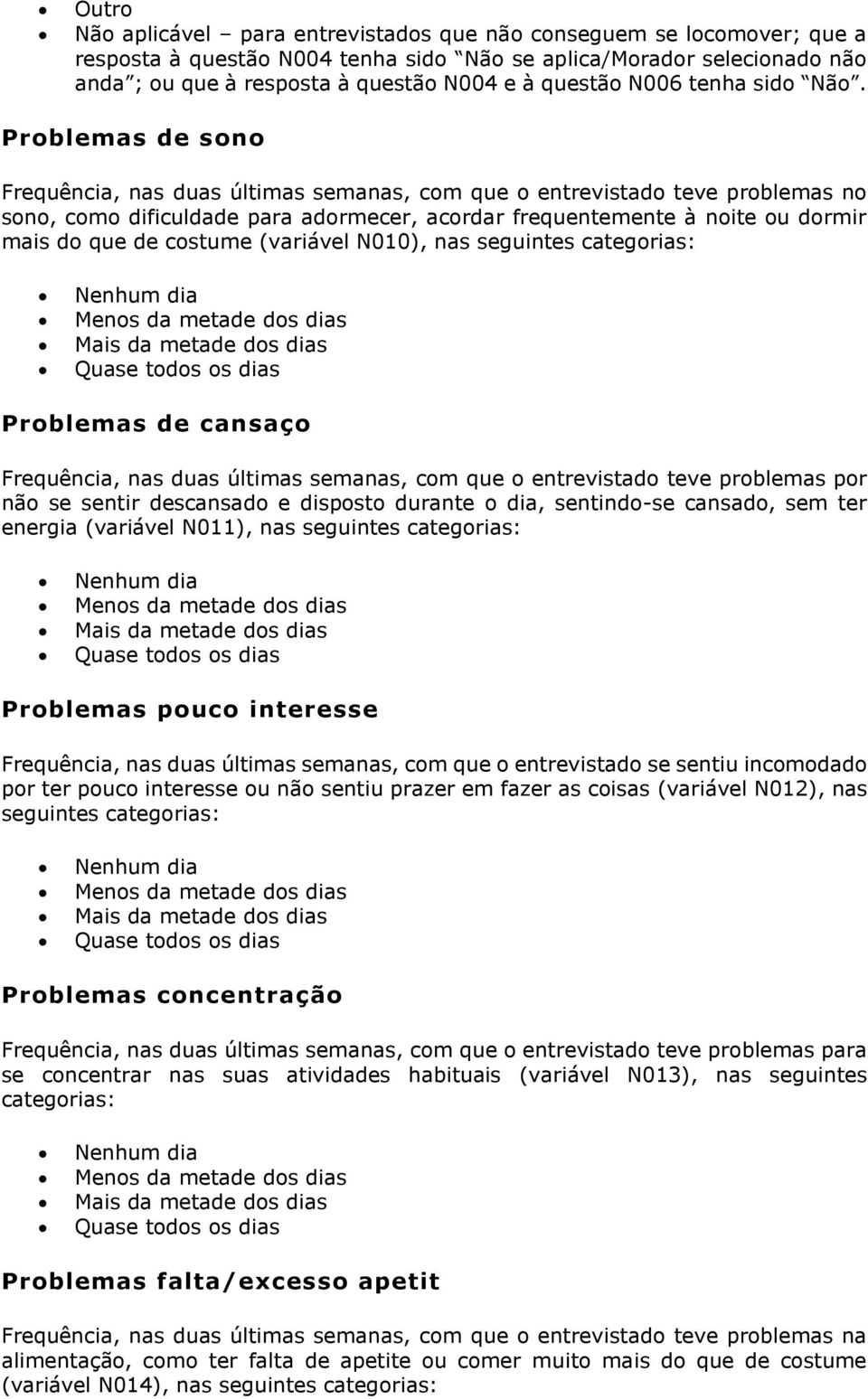 Problemas de sono Frequência, nas duas últimas semanas, com que o entrevistado teve problemas no sono, como dificuldade para adormecer, acordar frequentemente à noite ou dormir mais do que de costume