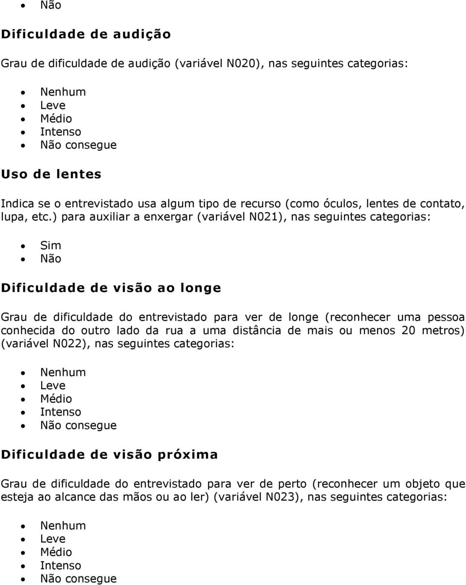 ) para auxiliar a enxergar (variável N021), nas seguintes categorias: Sim Não Dificuldade de visão ao longe Grau de dificuldade do entrevistado para ver de longe (reconhecer uma pessoa conhecida do