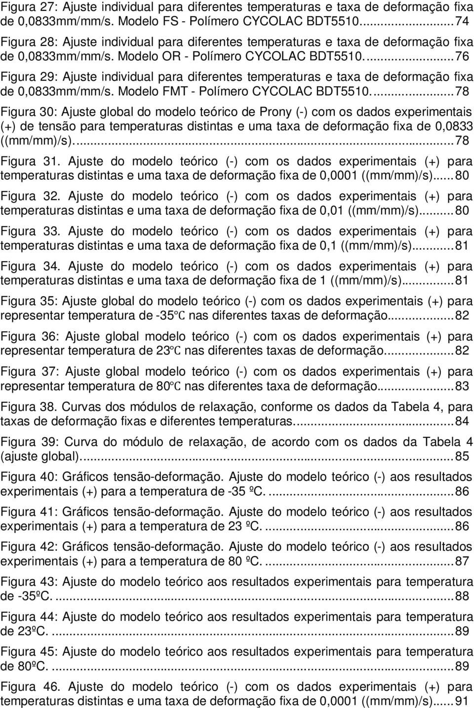 ... 76 Figura 29: Ajuste individual para diferentes temperaturas e taxa de deformação fixa de,833mm/mm/s. Modelo FMT - Polímero CYCOLAC BDT551.