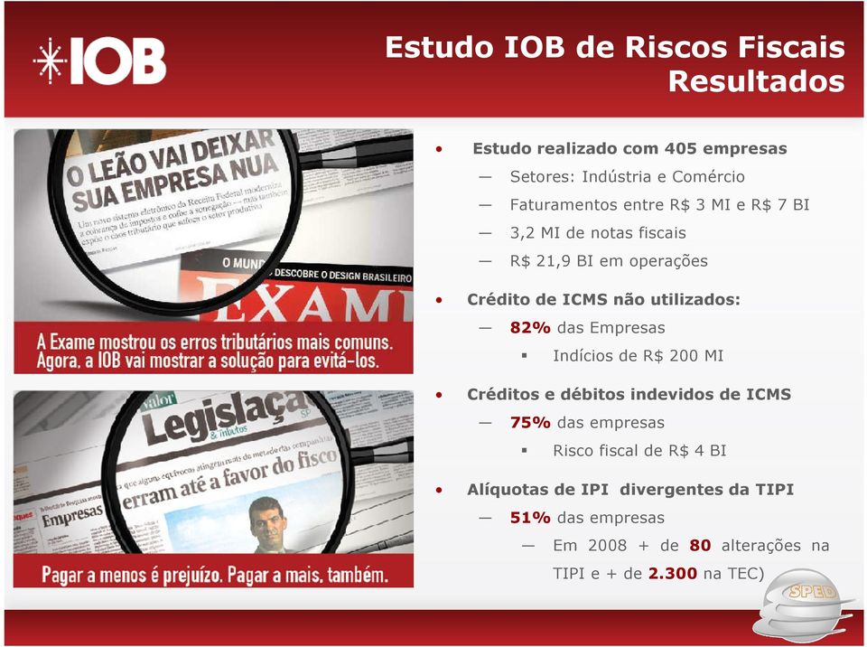 utilizados: 82% das Empresas Indícios de R$ 200 MI Créditos e débitos indevidos de ICMS 75% das empresas Risco