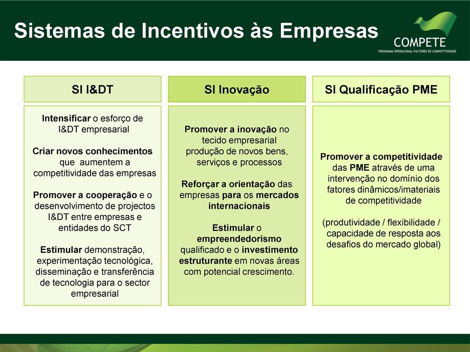 empresarial Promover a inovação no tecido empresarial produção de novos bens, serviços e processos Reforçar a orientação das empresas para os mercados internacionais Estimular o empreendedorismo