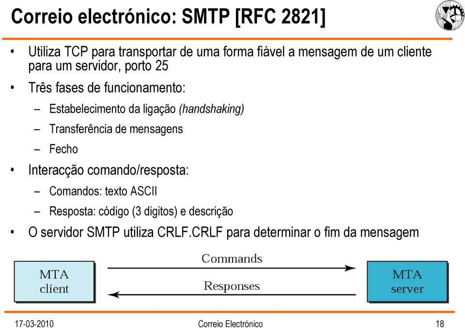 Transferência de mensagens Fecho Interacção comando/resposta: Comandos: texto ASCII Resposta: código (3