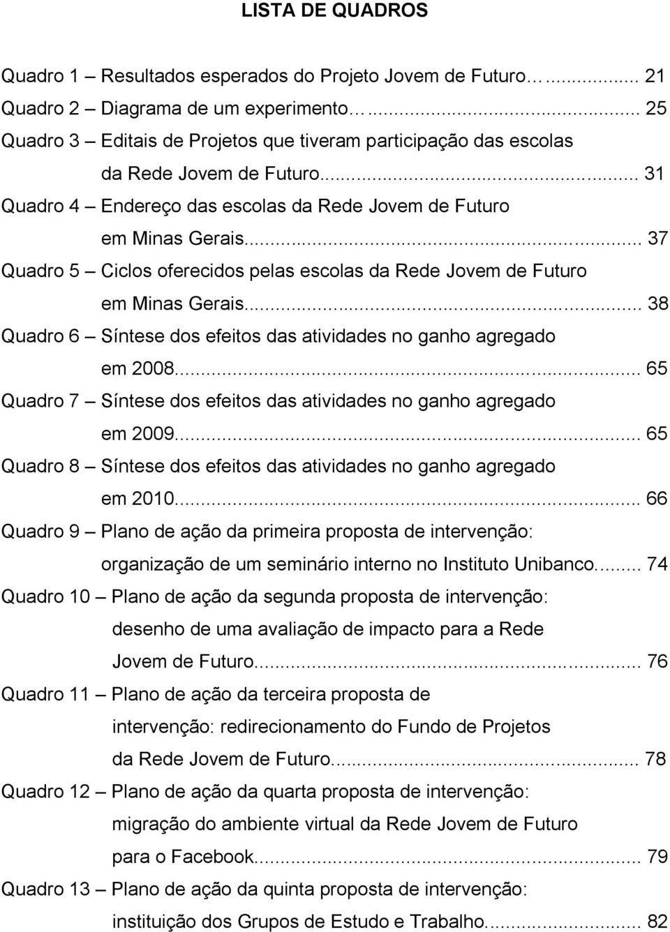 .. 37 Quadro 5 Ciclos oferecidos pelas escolas da Rede Jovem de Futuro em Minas Gerais... 38 Quadro 6 Síntese dos efeitos das atividades no ganho agregado em 2008.