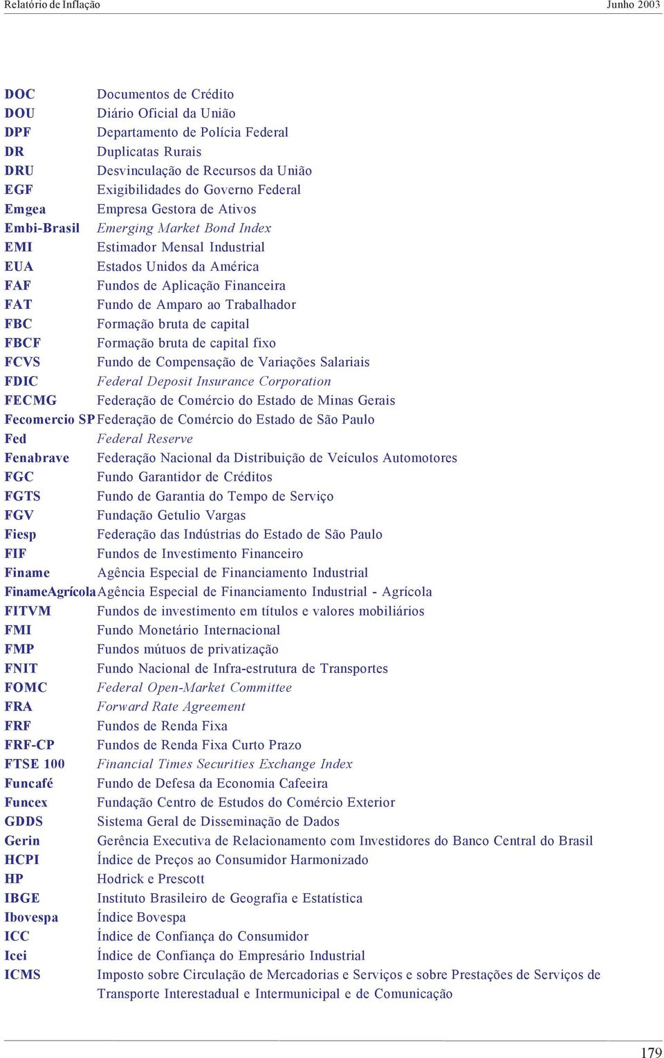 FBC Formação bruta de capital FBCF Formação bruta de capital fixo FCVS Fundo de Compensação de Variações Salariais FDIC Federal Deposit Insurance Corporation FECMG Federação de Comércio do Estado de