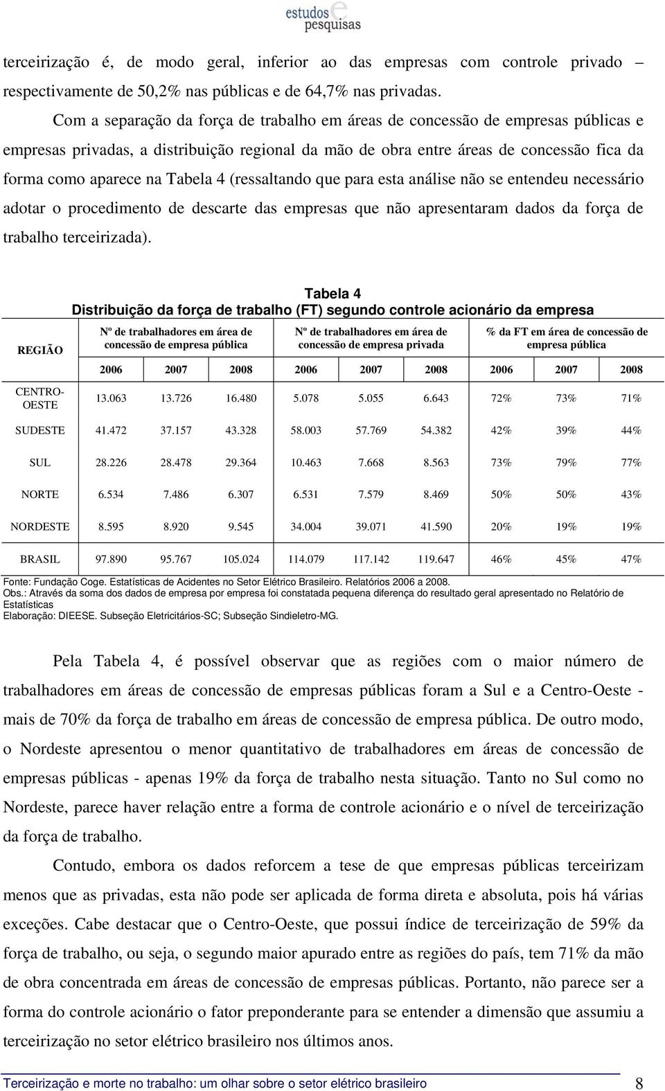 Tabela 4 (ressaltando que para esta análise não se entendeu necessário adotar o procedimento de descarte das empresas que não apresentaram dados da força de trabalho terceirizada).