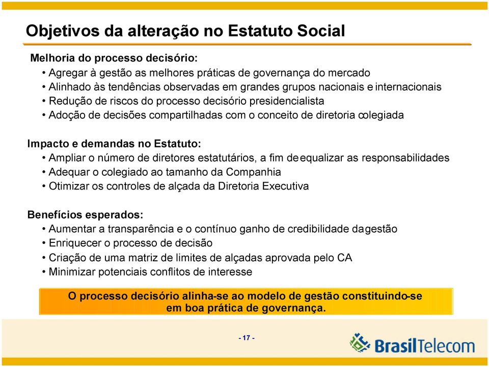 diretores estatutários, a fim de equalizar as responsabilidades Adequar o colegiado ao tamanho da Companhia Otimizar os controles de alçada da Diretoria Executiva Benefícios esperados: Aumentar a