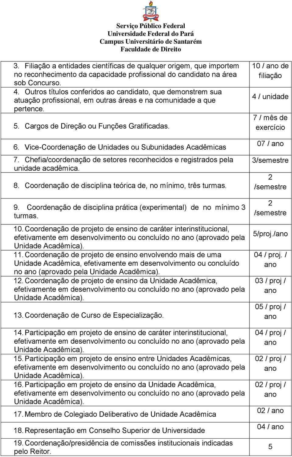 Vice-Coordenação de Unidades ou Subunidades Acadêmicas 7. Chefia/coordenação de setores reconhecidos e registrados pela unidade acadêmica. 8.