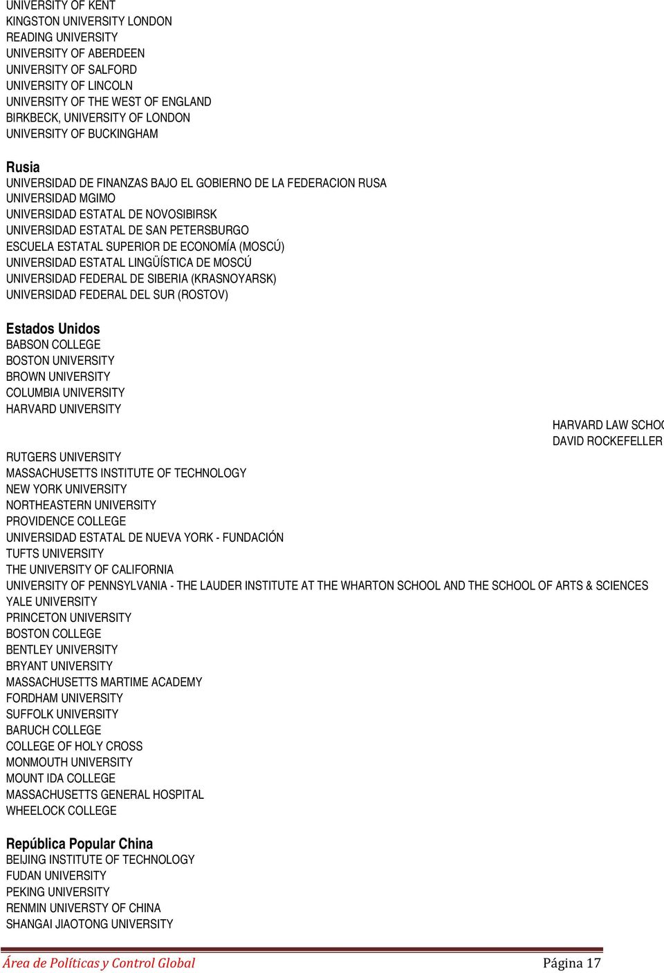 ESTATAL SUPERIOR DE ECONOMÍA (MOSCÚ) UNIVERSIDAD ESTATAL LINGÜÍSTICA DE MOSCÚ UNIVERSIDAD FEDERAL DE SIBERIA (KRASNOYARSK) UNIVERSIDAD FEDERAL DEL SUR (ROSTOV) Estados Unidos BABSON COLLEGE BOSTON